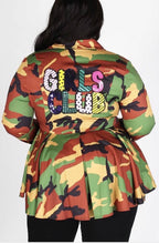 Load image into Gallery viewer, PLUS CAMO PRINT LONG SLEEVE V NECK PEPLUM JACKET WITH COMPLIMENTARY FACE MASK
